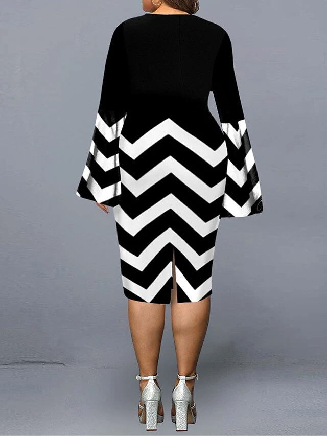 Women's Plus Size Curve Party Dress Cocktail Dress Work Dress Geometric Stripe Midi Dress Long Sleeve Print V Neck Fashion Party Black Red Fall Winter XL XXL 3XL 4XL 5XL 2 Women's Plus Size Curve Party Dress Cocktail Dress Work Dress Geometric Stripe Midi Dress Long Sleeve Print V Neck Fashion Party Black Red Fall Winter XL XXL 3XL 4XL 5XL - Image 2
