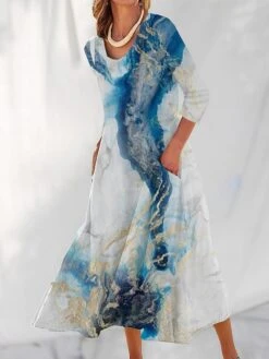 Women's Casual Dress Cotton Linen Dress Swing Dress Maxi Long Dress Polyester Fashion Casual Daily Outdoor Daily Vacation V Neck Split Print Long Sleeve Summer Spring Fall 2023 Loose Fit White Navy -Cheap Plus Fit Dress Store ssrmpx1690539145086