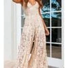 Women's Jumpsuit Lace Ruffle Solid Color V Neck Party Wedding Dressy Street Daily Wide Leg Regular Fit Sleeveless Apricot XS S M Summer