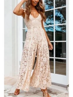 Women's Jumpsuit Lace Ruffle Solid Color V Neck Party Wedding Dressy Street Daily Wide Leg Regular Fit Sleeveless Apricot XS S M Summer