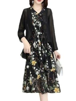 Women's Two Piece Dress Set Print Dress Outdoor Daily Modern Casual Lace Up Ruched Midi Dress V Neck Long Sleeve Floral Regular Fit Black Pink Blue Summer Spring M L XL XXL XXXL -Cheap Plus Fit Dress Store stivul1678430834432