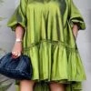 Women's Plus Size Curve Shirt Dress Casual Dress Satin Dress Plain Midi Dress Half Sleeve Ruched Ruffle V Neck Fashion Daily Green Fall Winter XL XXL 3XL 4XL