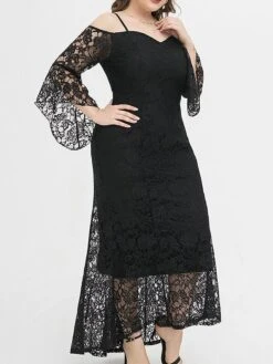 Women's Plus Size Prom Dress Party Dress Lace Dress Long Dress Maxi Dress Black Pink Wine Long Sleeve Pure Color Lace Spring Fall Winter Cold Shoulder Fashion Wedding Guest Birthday Evening Party 2023 -Cheap Plus Fit Dress Store stqmqx1693535468710