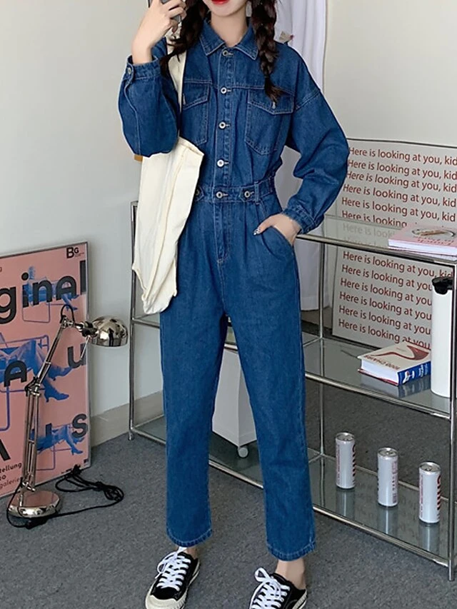 Women's Jumpsuit Button High Waist Solid Color Shirt Collar Streetwear Street Going Out Regular Fit Long Sleeve Blue S M L Winter 3 Women's Jumpsuit Button High Waist Solid Color Shirt Collar Streetwear Street Going Out Regular Fit Long Sleeve Blue S M L Winter - Image 3