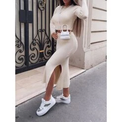 Women's Two Piece Dress Set Casual Dress Sweater Dress Outdoor Daily Fashion Streetwear Split Midi Dress Crew Neck Long Sleeve Plain Regular Fit Black White Orange Fall Winter S M L XL XXL -Cheap Plus Fit Dress Store stsstm1695635369216