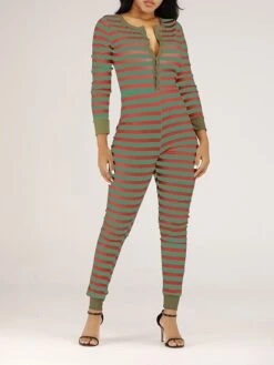 Women's Jumpsuit Button Print Striped V Neck Streetwear Christmas Street Xmas Regular Fit Long Sleeve Pink Red Blue S M L Fall -Cheap Plus Fit Dress Store stvkon1695792386127