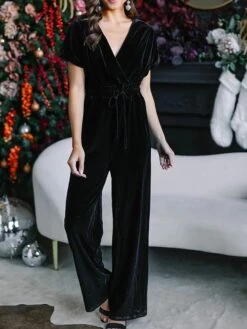 Women's Jumpsuit Lace Up High Waist Solid Color Round Neck Active Christmas Daily Regular Fit Short Sleeve Black Wine Green S M L Fall -Cheap Plus Fit Dress Store stxoyy1697679527553
