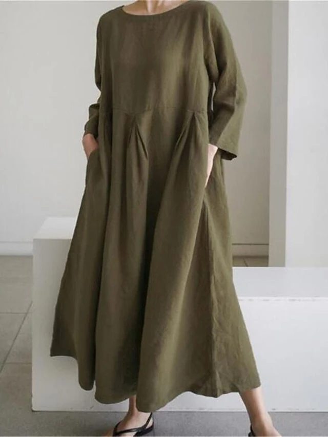 Women's Cotton Linen Dress Casual Dress Swing Dress Maxi Long Dress Cotton Blend Basic Classic Outdoor Daily Crew Neck Pocket Smocked Long Sleeve Summer Spring Fall 2023 Loose Fit Black Yellow Green 6 Women's Cotton Linen Dress Casual Dress Swing Dress Maxi Long Dress Cotton Blend Basic Classic Outdoor Daily Crew Neck Pocket Smocked Long Sleeve Summer Spring Fall 2023 Loose Fit Black Yellow Green - Image 6