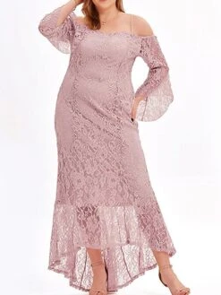 Women's Plus Size Prom Dress Party Dress Lace Dress Long Dress Maxi Dress Black Pink Wine Long Sleeve Pure Color Lace Spring Fall Winter Cold Shoulder Fashion Wedding Guest Birthday Evening Party 2023 -Cheap Plus Fit Dress Store sulrgr1693535473826