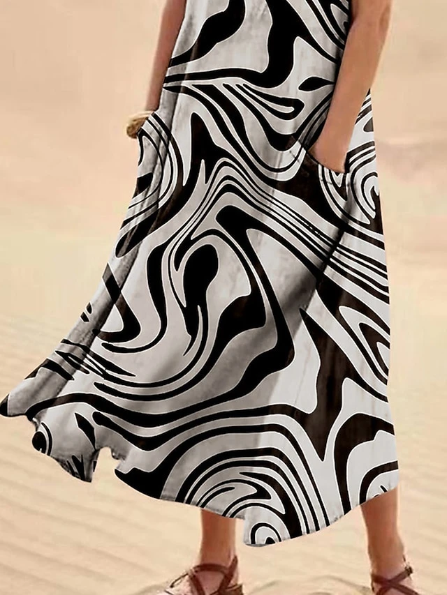 Women's Casual Dress Cotton Linen Dress Swing Dress Midi Dress Polyester Fashion Casual Daily Outdoor Daily Vacation Crew Neck Pocket Print 3/4 Length Sleeve Summer Spring Fall 2023 Regular Fit Black 2 Women's Casual Dress Cotton Linen Dress Swing Dress Midi Dress Polyester Fashion Casual Daily Outdoor Daily Vacation Crew Neck Pocket Print 3/4 Length Sleeve Summer Spring Fall 2023 Regular Fit Black - Image 2