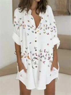 Women's Shirt Dress Casual Dress Shift Dress Mini Dress Outdoor Daily Vacation Polyester Fashion Casual Stand Collar Button Pocket Long Sleeve Summer Spring Fall 2023 Regular Fit White Pink Butterfly -Cheap Plus Fit Dress Store suxktx1679382573205