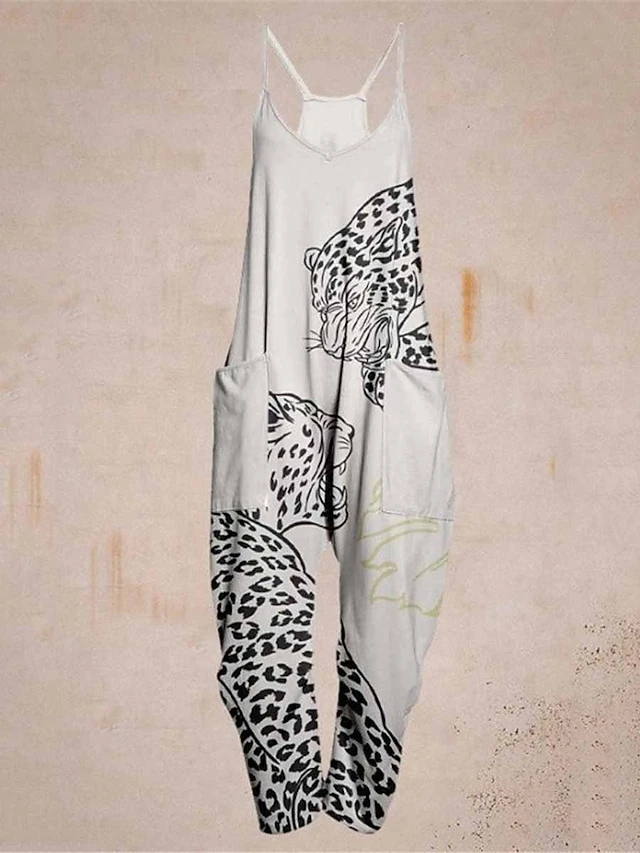 Women's Overall Pocket Trug Life Print Animal V Neck Streetwear Daily Vacation Regular Fit Sleeveless Black Pink Navy Blue S M L Summer Fall 2 Women's Overall Pocket Trug Life Print Animal V Neck Streetwear Daily Vacation Regular Fit Sleeveless Black Pink Navy Blue S M L Summer Fall - Image 2