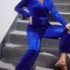 Women‘s Jumpsuit High Waist Solid Color Velvet V Neck Streetwear Wedding Party Regular Fit Long Sleeve Blue S M L Fall