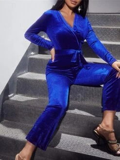 Women‘s Jumpsuit High Waist Solid Color Velvet V Neck Streetwear Wedding Party Regular Fit Long Sleeve Blue S M L Fall