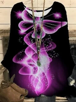 Women's Plus Size Shirt Blouse Pink Lavender Purple Animal Butterfly Print Long Sleeve Daily Vacation Going Out Casual Crewneck Regular Fit Spring Fall Winter