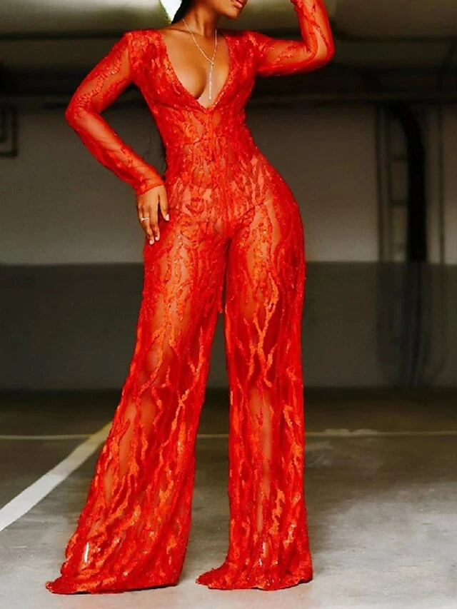 Women‘s Jumpsuit Sparkly Lace Sequin Solid Color Deep V Ordinary Wedding Party Weekend Wide Leg Bodycon Long Sleeve Illusion Sleeve Red 3XL All Seasons 1 Women‘s Jumpsuit Sparkly Lace Sequin Solid Color Deep V Ordinary Wedding Party Weekend Wide Leg Bodycon Long Sleeve Illusion Sleeve Red 3XL All Seasons