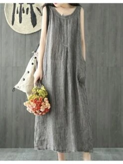 Women's Casual Dress Cotton Linen Dress Shift Dress Maxi Long Dress Cotton Blend Casual Daily Holiday Vacation Crew Neck Pocket Cold Shoulder Sleeveless Summer Spring 2023 Regular Fit Black Gray Pure -Cheap Plus Fit Dress Store svpwvk1679376654873