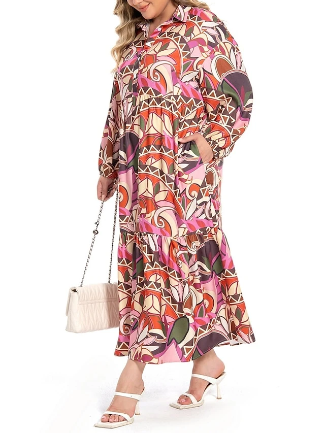 Women's Plus Size Curve Shirt Dress Work Dress Satin Dress Floral Long Dress Maxi Dress Long Sleeve Split Shirt Collar Fashion Office Red Fall Winter L XL XXL 3XL 4XL 7 Women's Plus Size Curve Shirt Dress Work Dress Satin Dress Floral Long Dress Maxi Dress Long Sleeve Split Shirt Collar Fashion Office Red Fall Winter L XL XXL 3XL 4XL - Image 7