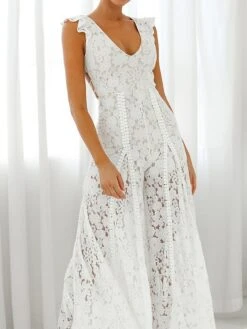 Women's Jumpsuit Lace Ruffle Solid Color V Neck Party Wedding Dressy Street Daily Wide Leg Regular Fit Sleeveless Apricot XS S M Summer -Cheap Plus Fit Dress Store swpdlk1690449255241