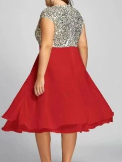 Women‘s Plus Size Curve Party Dress Sequin Dress Homecoming Dress Solid Color Midi Dress Short Sleeve Mesh Patchwork Crew Neck Classic Party Black White Spring Summer XL 3XL 4XL 5XL -Cheap Plus Fit Dress Store swxnvq1672986683636