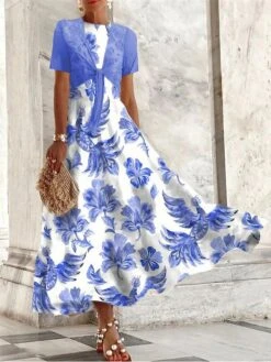 Women's Two Piece Dress Set Casual Dress Swing Dress Outdoor Daily Fashion Elegant Lace Up Print Long Dress Maxi Dress Crew Neck Short Sleeve Floral Regular Fit Blue Summer Spring S M L XL XXL
