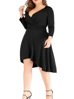 Women's Plus Size Curve Work Dress Black Dress A Line Dress Fashion Midi Dress Ruched V Neck Long Sleeve Plain Loose Fit Black Wine Blue Fall XL XXL 3XL 4XL 5XL -Cheap Plus Fit Dress Store sxgngb1693203478644