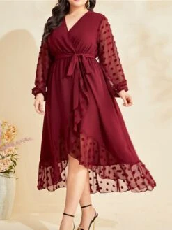 Women's Plus Size Prom Dress Party Dress Wedding Guest Dress Long Dress Maxi Dress Wine Long Sleeve Pure Color Lace Up Fall Winter Autumn V Neck Fashion Winter Dress Wedding Guest Evening Party Loose -Cheap Plus Fit Dress Store sxjftq1693205397657
