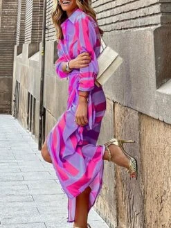 Women's Shirt Dress Shift Dress Wrap Dress Maxi Long Dress Winter Dress Daily Holiday Polyester Sexy Casual Shirt Collar Lace Up Tie Belt Long Sleeve Spring Fall Winter 2023 Regular Fit Purple Orange -Cheap Plus Fit Dress Store sytomx1656659824331