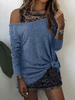 Women's Shirt Burgundy Tee 2 Pieces Outfits Waffle Black Wine Blue Floral Lace Print Long Sleeve Casual Fashion One Shoulder Regular Fit Floral Spring &Fall