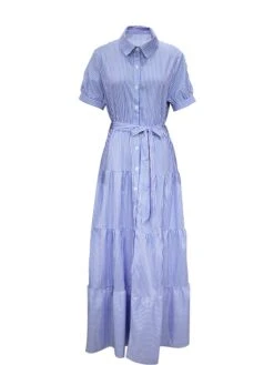 Women's Shirt Dress Maxi Long Dress Daily Vacation Polyester Casual Shirt Collar Lace Up Button Short Sleeve Summer Spring 2022 Regular Fit Blue Green Striped S M L XL -Cheap Plus Fit Dress Store szisgo1693289127699