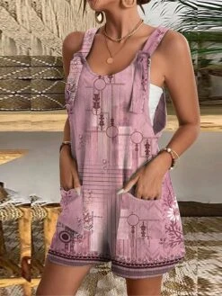 Women's Overall Pocket Print Floral U Neck Casual Daily Going Out Baggy Shorts Loose Fit Strap Light Green Pink Blue S M L Summer