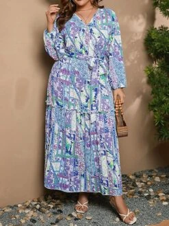 Women's Casual Dress Swing Dress Print Dress Leaf Floral Ruffle Print V Neck Long Dress Maxi Dress Fashion Streetwear Outdoor Daily Long Sleeve Regular Fit Blue Apricot Fall Winter XL XXL 3XL 4XL -Cheap Plus Fit Dress Store szrzrj1697539486606