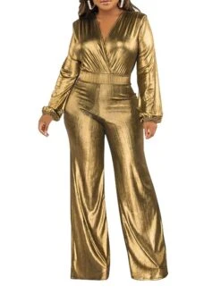 Women's Jumpsuit High Christmas Waist Solid Color V Neck Streetwear Party Xmas Street Regular Fit Long Sleeve Gold Green S M L Fall -Cheap Plus Fit Dress Store tabxwm1695281837982