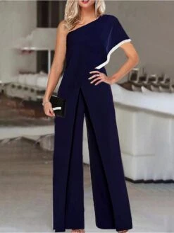 Women's Jumpsuit Solid Color One Shoulder Elegant Holiday Weekend Straight Regular Fit Short Sleeve Navy Blue S M L Spring