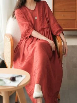 Women's Casual Dress Cotton Linen Dress Swing Dress Midi Dress Cotton Blend Basic Casual Outdoor Daily V Neck Ruched 3/4 Length Sleeve Summer Spring 2023 Loose Fit Black White Yellow Pure Color M L -Cheap Plus Fit Dress Store tafkss1677135406257