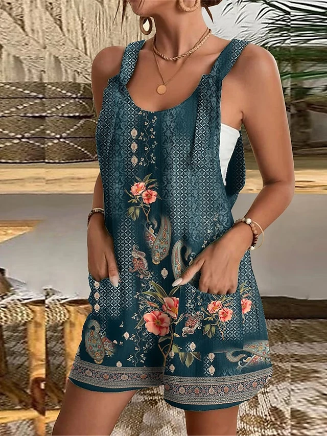 Women's Overall Pocket Print Floral U Neck Casual Daily Going Out Baggy Shorts Loose Fit Strap Light Green Pink Blue S M L Summer 4 Women's Overall Pocket Print Floral U Neck Casual Daily Going Out Baggy Shorts Loose Fit Strap Light Green Pink Blue S M L Summer - Image 4