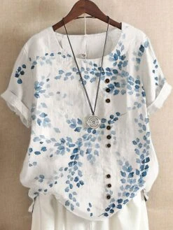 Women's Shirt Blouse Linen Light Yellow White Sky Blue Leaf Short Sleeve Daily Vacation Going Out Vintage Holiday Casual Crew Neck Regular Fit Summer Spring -Cheap Plus Fit Dress Store taontz1620111421874