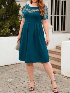 Women's Plus Size Curve Party Dress Lace Dress Semi Formal Dress Solid Color Midi Dress Short Sleeve Lace Crew Neck Fashion Party ArmyGreen Black Fall Winter XL XXL 3XL 4XL -Cheap Plus Fit Dress Store tbgsvd1695813619824