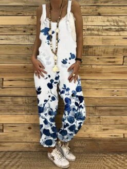 Women's Overall Print Floral U Neck Holiday Daily Vacation Straight Regular Fit Sleeveless Sleeveless Pink Blue Green S M L Summer