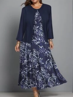 Women's Plus Size Two Piece Dress Set Casual Dress Swing Dress Outdoor Office Fashion Streetwear Print Midi Dress Crew Neck Long Sleeve Floral Regular Fit Navy Blue Purple Green Fall Winter L XL XXL