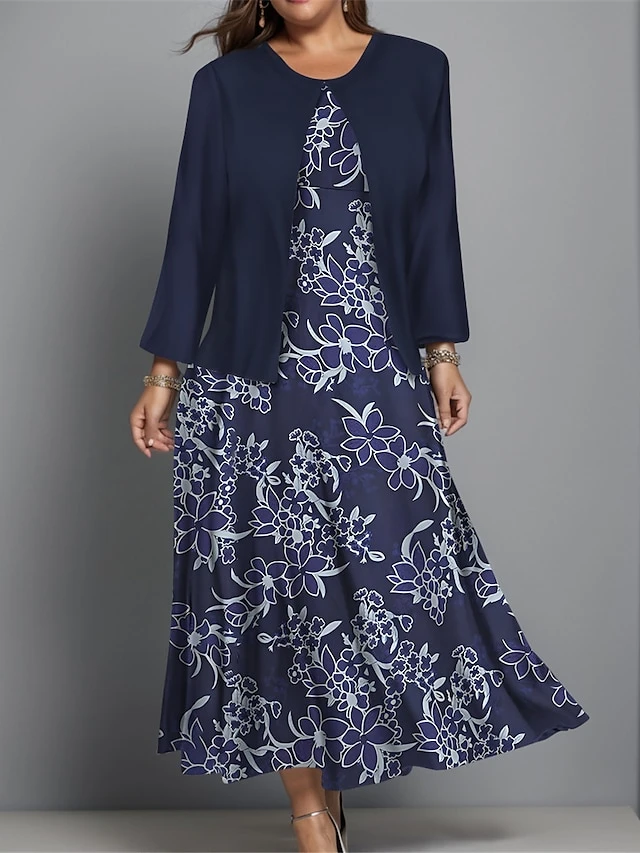 Women's Plus Size Two Piece Dress Set Casual Dress Swing Dress Outdoor Office Fashion Streetwear Print Midi Dress Crew Neck Long Sleeve Floral Regular Fit Navy Blue Purple Green Fall Winter L XL XXL 1 Women's Plus Size Two Piece Dress Set Casual Dress Swing Dress Outdoor Office Fashion Streetwear Print Midi Dress Crew Neck Long Sleeve Floral Regular Fit Navy Blue Purple Green Fall Winter L XL XXL