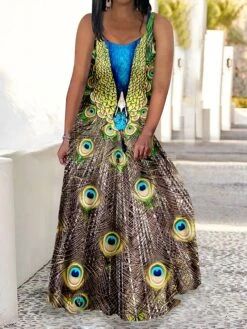 Women's Plus Size Curve Casual Dress Swing Dress Strap Dress Peacock Feather Maxi Long Dress Sleeveless Print Strap Romantic Daily Deep Purple Deep Green Summer Spring L XL XXL 3XL 4XL -Cheap Plus Fit Dress Store tbvftv1680773037101
