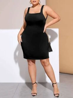 Women's Plus Size Curve Party Dress Wedding Guest Dress Sheath Dress Mini Dress Black Sleeveless Pure Color Backless Fall Winter Autumn Square Neck Fashion Wedding Guest Vacation XL XXL 3XL -Cheap Plus Fit Dress Store tcaleo1692165684687