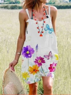 Women's Overall Print Floral U Neck Streetwear Street Daily Regular Fit Strap White Blue Purple S M L Spring