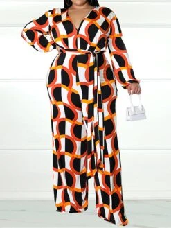 Women's Jumpsuit High Waist Print Geometric V Neck Casual Street Daily Regular Fit Long Sleeve Black Yellow Wine XL XXL 3XL Spring -Cheap Plus Fit Dress Store tclomp1675747240982
