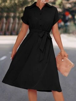 Women's Shirt Dress Casual Dress Midi Dress Outdoor Daily Date Polyester Casual Classic Shirt Collar Lace Up Ruched Short Sleeve Summer Spring 2023 Loose Fit Black Blue Rose Red Plain S M L XL -Cheap Plus Fit Dress Store tcoubk1677739300784