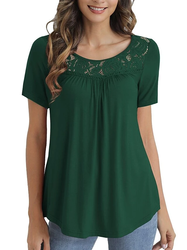 Women's Shirt Blouse Cotton Black Yellow Pink Plain Lace Short Sleeve Casual Basic Round Neck Regular Fit 10 Women's Shirt Blouse Cotton Black Yellow Pink Plain Lace Short Sleeve Casual Basic Round Neck Regular Fit - Image 10