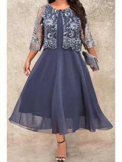 Women's Plus Size Two Piece Dress Set Party Dress Lace Dress Party Wedding Guest Fashion Elegant Lace Patchwork Midi Dress Crew Neck 3/4 Length Sleeve Plain Regular Fit Navy Blue Fall Winter L XL XXL