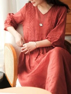 Women's Casual Dress Cotton Linen Dress Swing Dress Midi Dress Cotton Blend Basic Casual Outdoor Daily V Neck Ruched 3/4 Length Sleeve Summer Spring 2023 Loose Fit Black White Yellow Pure Color M L -Cheap Plus Fit Dress Store tddgsx1677135407990