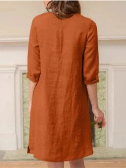 Women's Casual Dress Cotton Linen Dress A Line Dress Midi Dress Cotton Blend Basic Casual Outdoor Daily V Neck Pocket 3/4 Length Sleeve Summer Spring Fall 2023 Loose Fit ArmyGreen Navy Blue Orange -Cheap Plus Fit Dress Store tdpvdf1675929173544